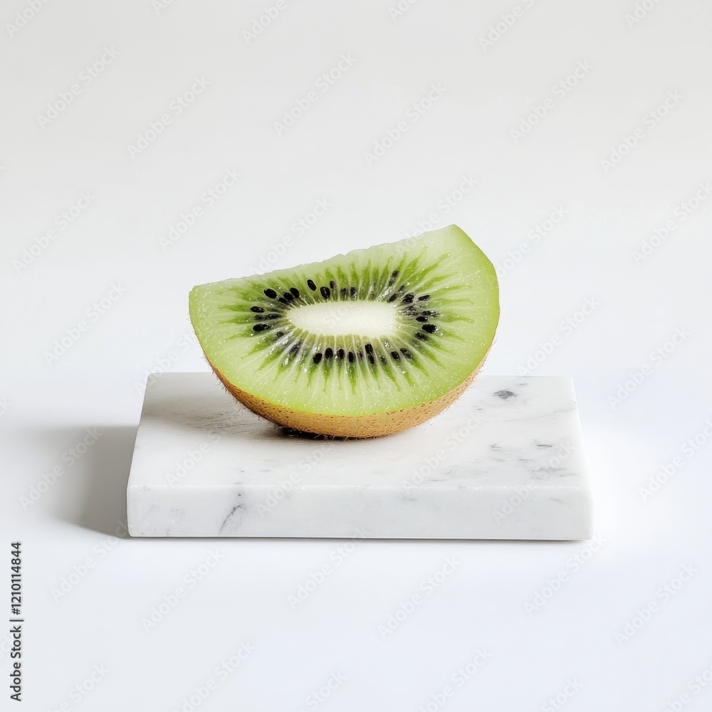 Poster ripe kiwi slice showcases vibrant green color and unique texture on marble surface