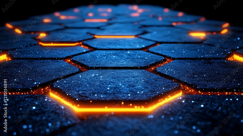 Poster hexagon grid in neon lights: a futuristic and abstract pattern of dark blue hexagons illuminated by 