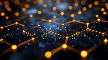 Hexagonal Network: Abstract digital art depicting a glowing hexagonal network, nodes connected by lines of light, creating a sense of technological interconnectedness.