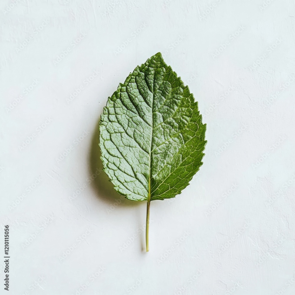 Poster fresh green mint leaf with textured surface resting on blank background in natural light for culinar
