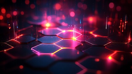 Hexagon Network Glow: Abstract digital art depicting a futuristic network of glowing hexagons, pulsating with vibrant red and blue light.