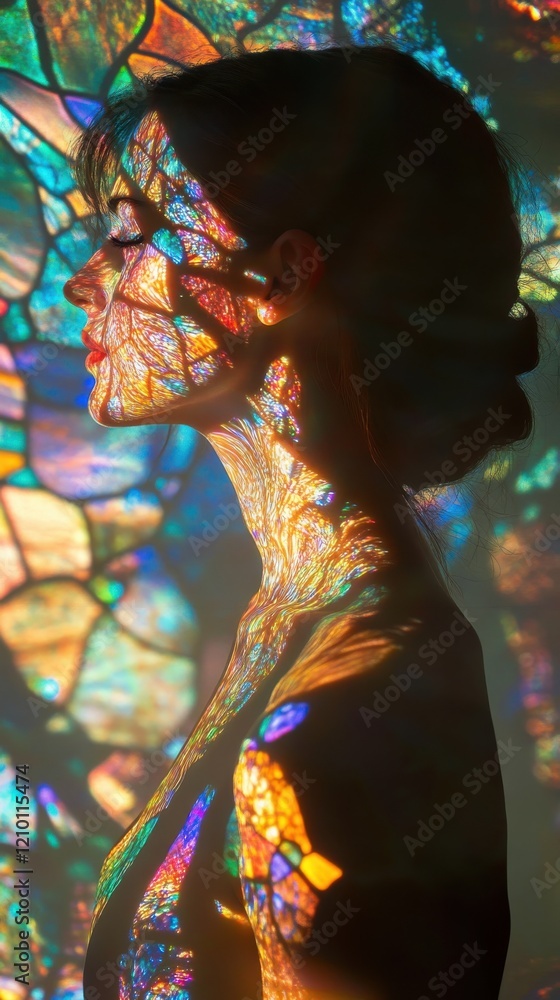 Poster Portrait of a woman illuminated by colorful light patterns through stained glass in a tranquil setting