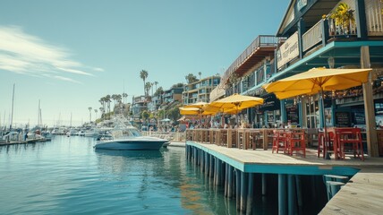 Scenic waterfront with boats, dining, and palm trees under clear sky