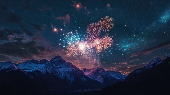 Serene mountain range illuminated by colorful fireworks against a twilight sky