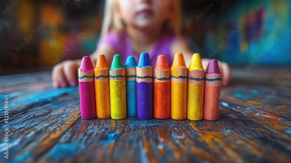 Aufkleber a colorful array of crayons with a child in the background, ready to create.