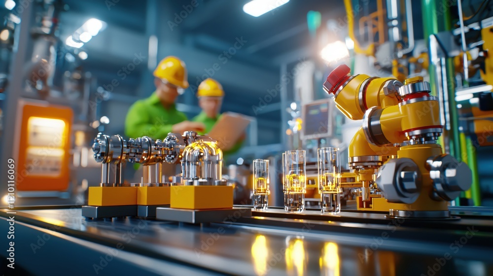 Poster automated factory line with robotic arm and workers in background industrial production scene