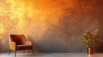 Rustic concrete wall with gradients of burnt orange and brown contrasting with a chair and a potted plant in a cozy interior