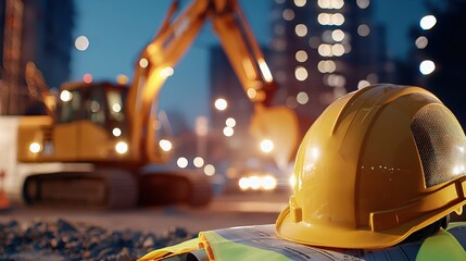 Construction site at night with yellow hard hat and excavator in the background with bokeh lights