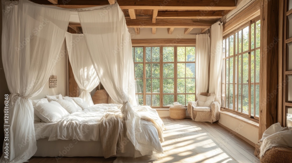 Poster rustic bedroom with white canopy bed and large windows offering a serene view of nature