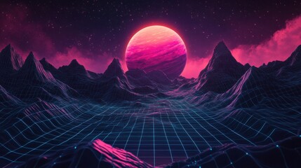 a futuristic landscape with mountains and a bright pink sun