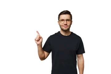Man standing with raised finger, suggesting an idea or solution in a plain background setting