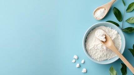 Bowl and spoons with white powder on blue background