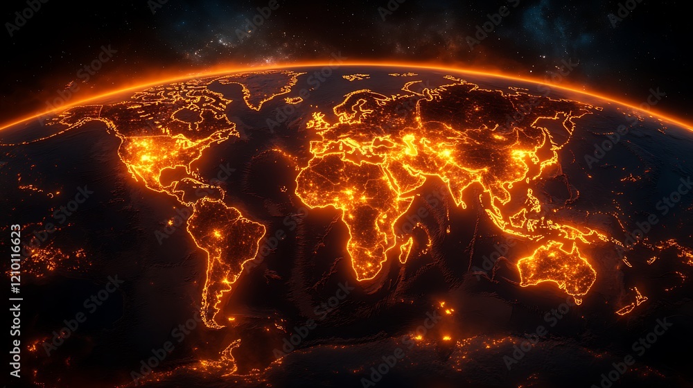 Poster global network illuminated: a fiery orange glow outlines the continents on a dark, stylized world ma