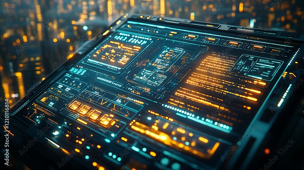 Poster digital interface: a close-up of a futuristic digital interface with glowing blue and orange data st