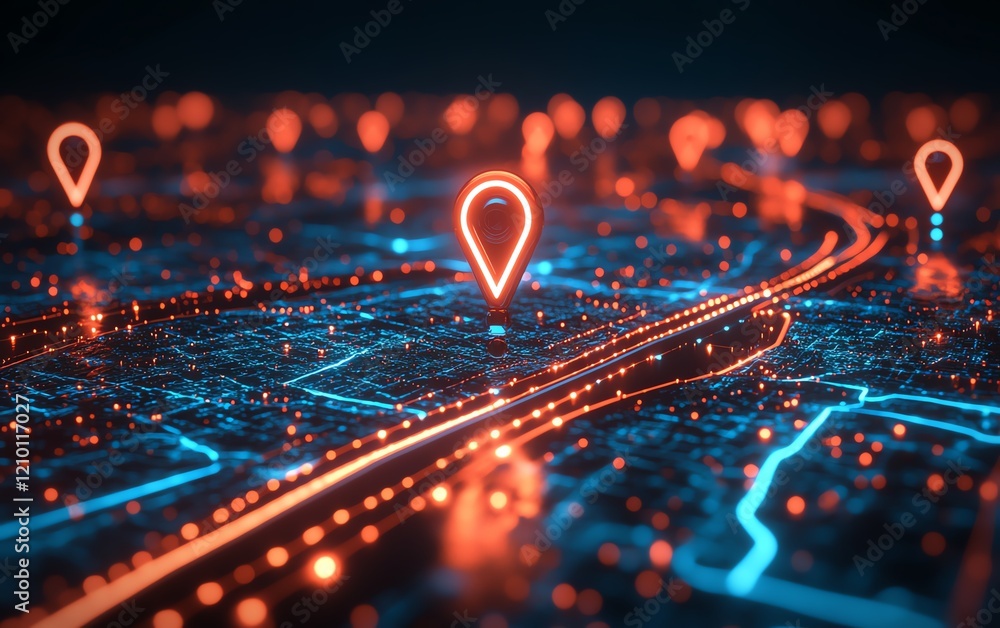 Poster glowing digital geolocation gps interface with dynamic map and location markers, futuristic design, 