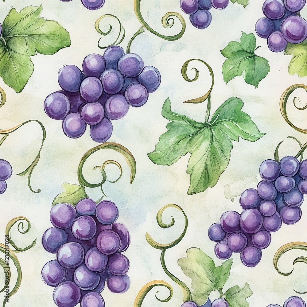 Poster Watercolor doodle of playful grape clusters and leaves with whimsical swirls in a cheerful pattern