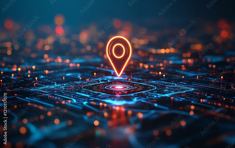 Poster glowing digital geolocation gps interface with dynamic map and location markers, futuristic design, 