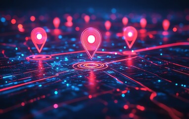 Glowing digital geolocation GPS interface with dynamic map and location markers, futuristic design, hightech, and modern concept