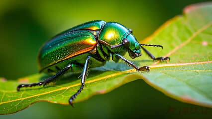 A close-up of a colorful green beetle on a green leaf