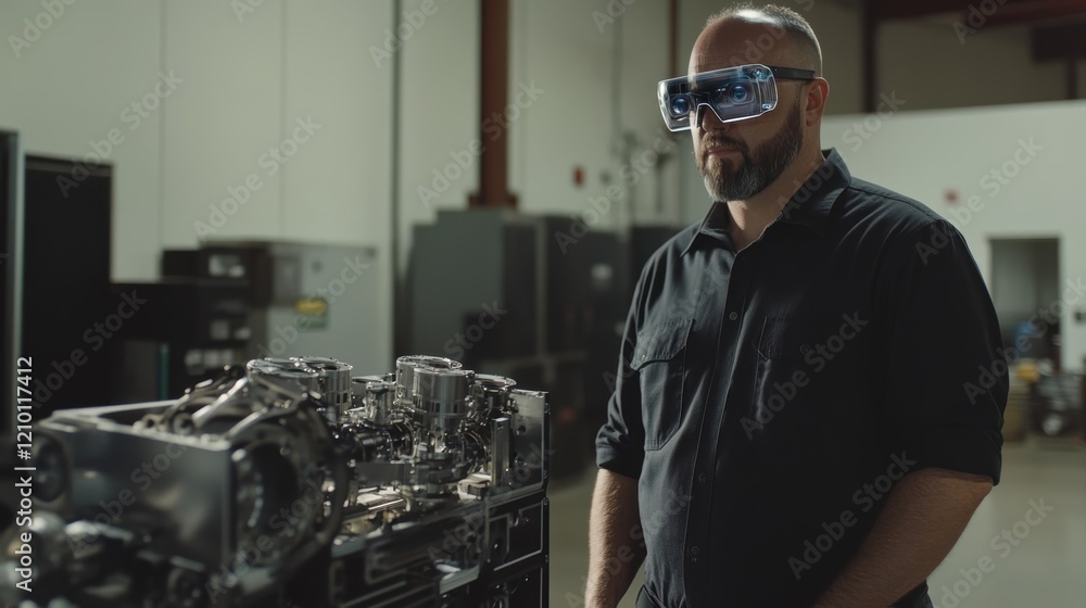 Poster engineer wearing augmented reality glasses is analyzing an engine in a factory, using cutting edge t