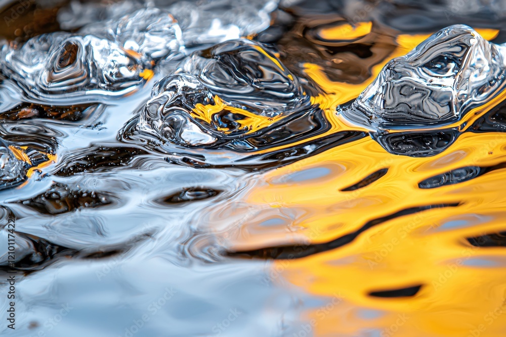 Poster abstract liquid surface with silver and gold reflections creating a dynamic flowing pattern