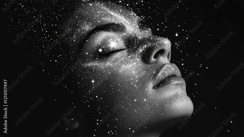 Poster mystical representation of a face dissolving into stardust against a dark background