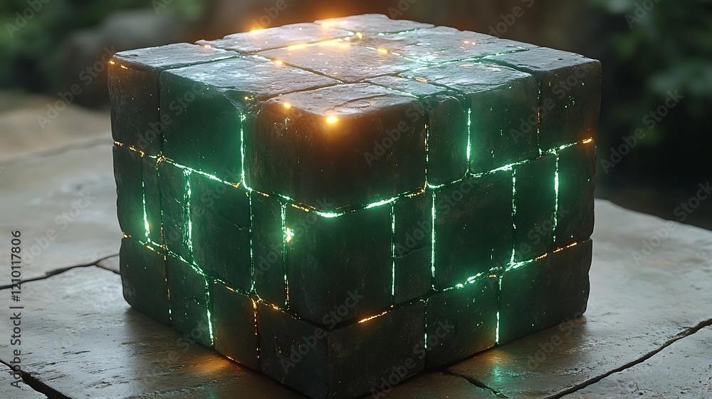 Poster emerald cube with glowing lines: an abstract concept of a cube composed of smaller emerald-colored b