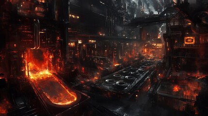 Fiery Industrial Landscape Digital Art Glowing Metal