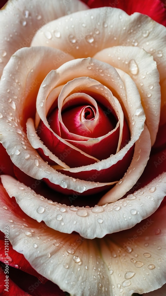 Poster close-up view of a delicate rose with droplets, showcasing intricate petals and soft colors in a ser