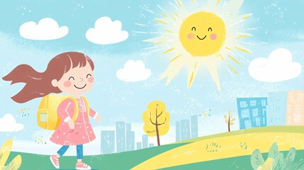 Happy Girl Walking to School children's story illustration