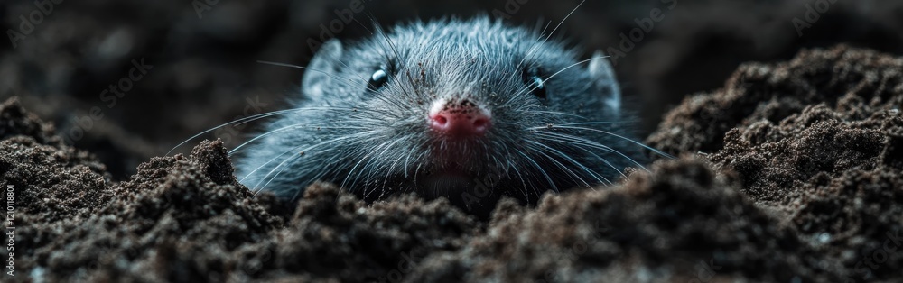 Poster macro capture of a mole's face revealing details in its habitat at dusk
