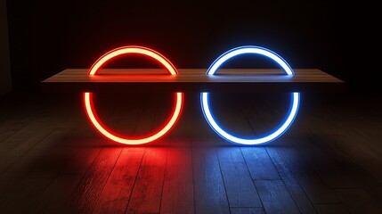Neon Abstract: An abstract, minimalist composition featuring two vibrant neon arcs in red and blue hues, contrasting against a sleek, dark background. The installation creates a striking.