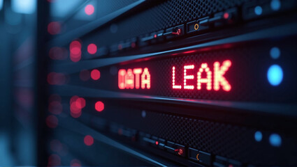 Digital server glows ominously, network exposed - DATA LEAK visualizes cybersecurity breach, revealing vulnerable interconnected systems under silent digital threat