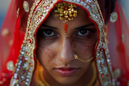 Portrait of a young indian bride wearing a traditional red dress and jewelry, showcasing the rich cultural heritage of india