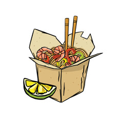 korean food, noodles with shrimp and greens