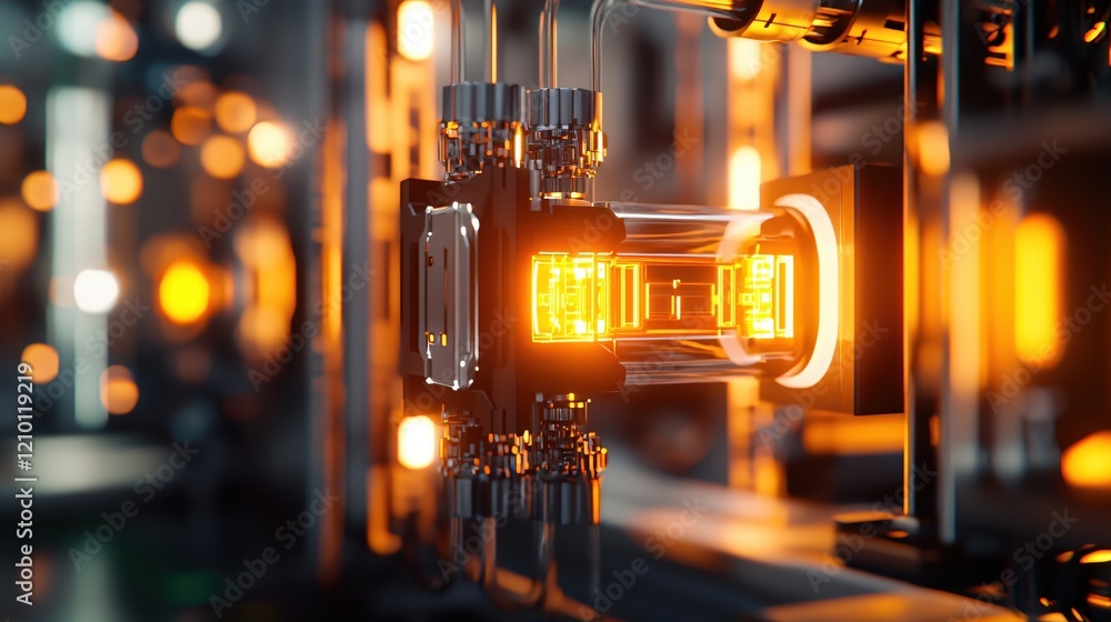 Poster glowing futuristic machine part with intricate details and warm orange light in a dark setting