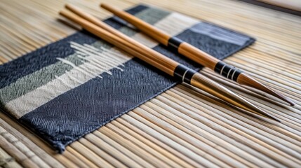 Fototapeta premium Elegant Japanese Chopsticks on a Textured Mat
