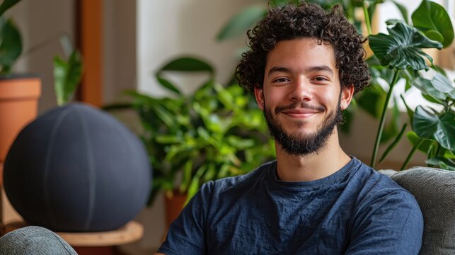 Young man with curly hair poses in a room with plants and a dark round object on a shelf