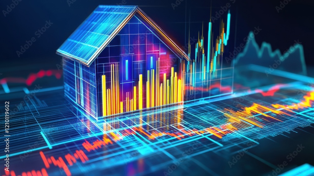 Aufkleber Glowing representation of a modern house surrounded by dynamic data graphs at night