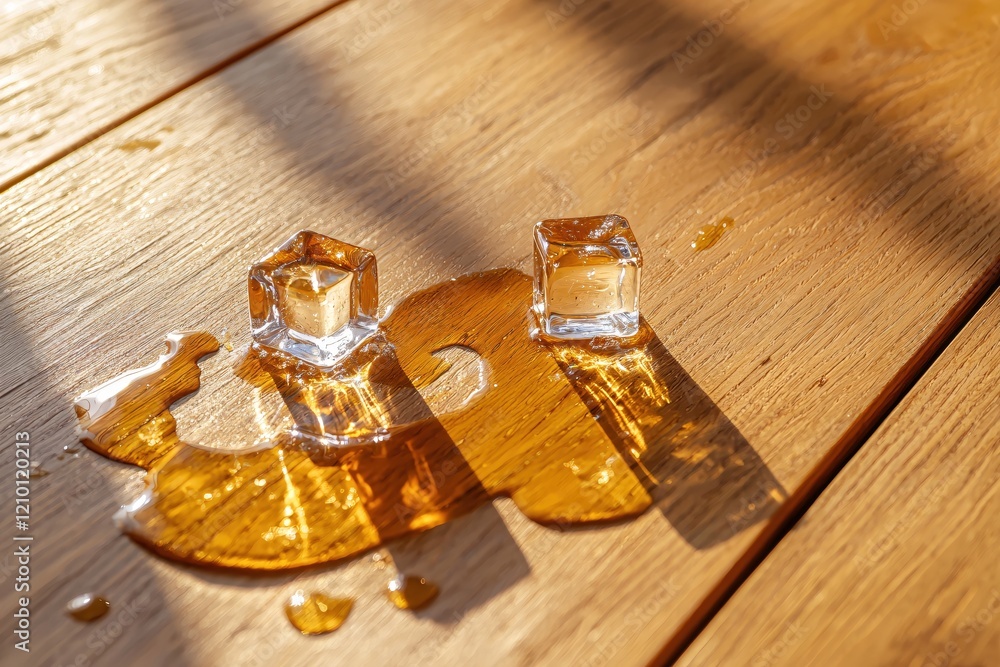 Poster two melting ice cubes on a wooden surface with sunlight creating shadows and reflections