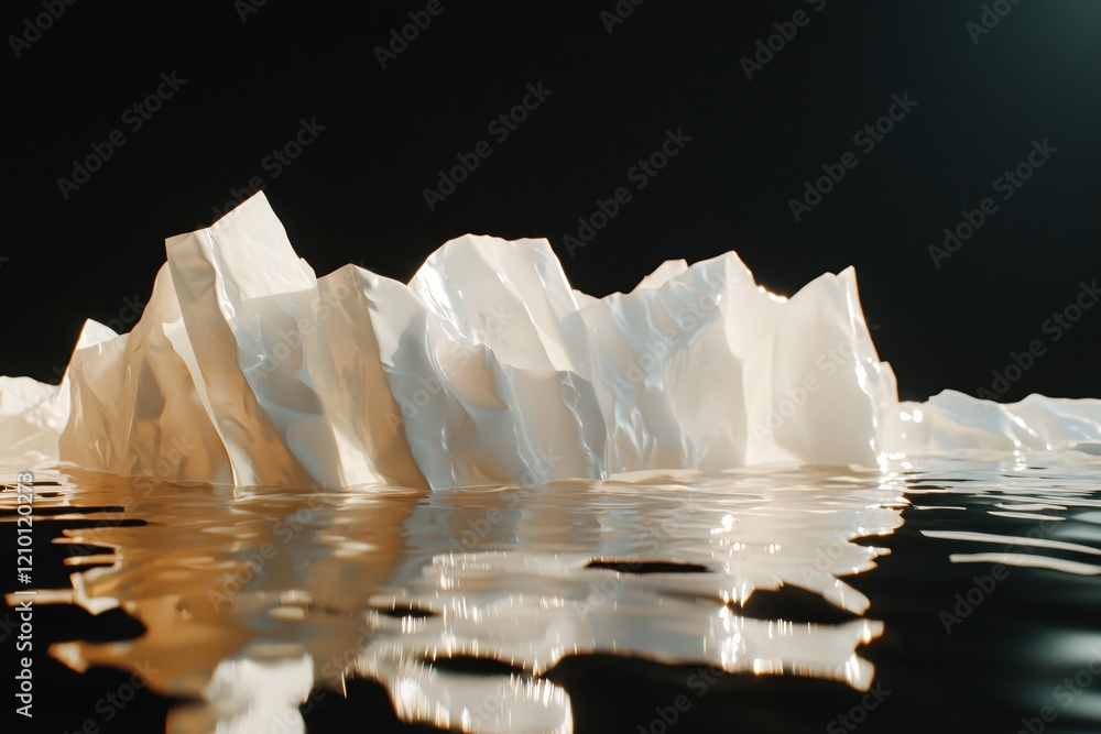Poster abstract white structure floating on water surface with dark background and golden reflections