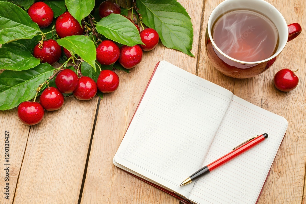 Poster cherry branch with tea cup and open notebook on wooden table for a relaxing moment