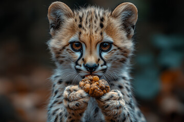 Obraz premium Baby cheetah holding a pinecone in natural habitat