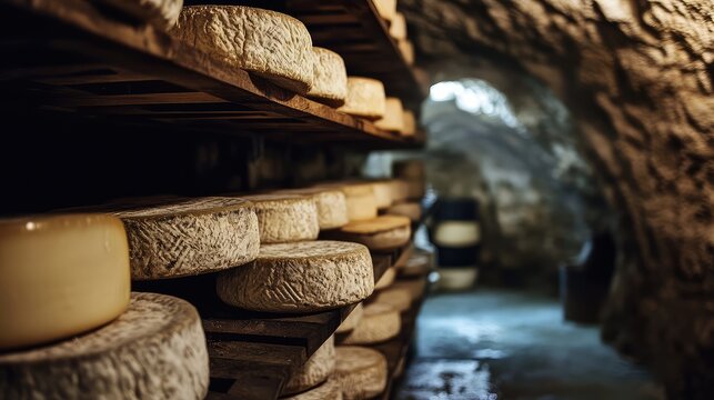 Aging Swiss cheese wheels arranged on wooden shelves in a rustic stone cellar, showcasing creamy textures and historic cheese-making traditions.