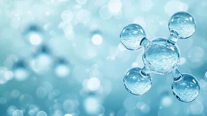 Close-up of water molecule on blue, bokeh background
