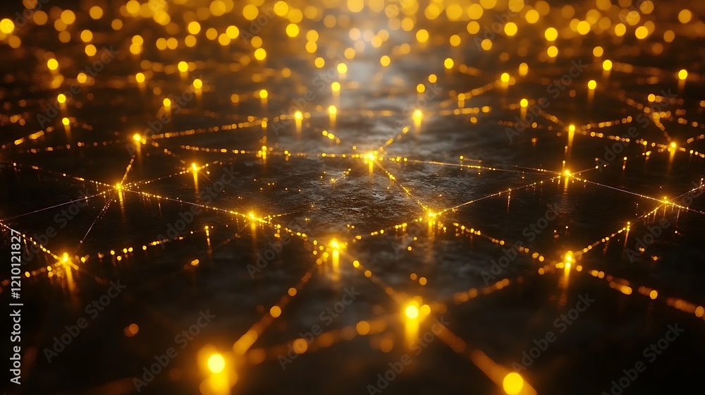 Poster golden grid of connections: a mesmerizing abstract pattern of glowing golden dots connected by delic