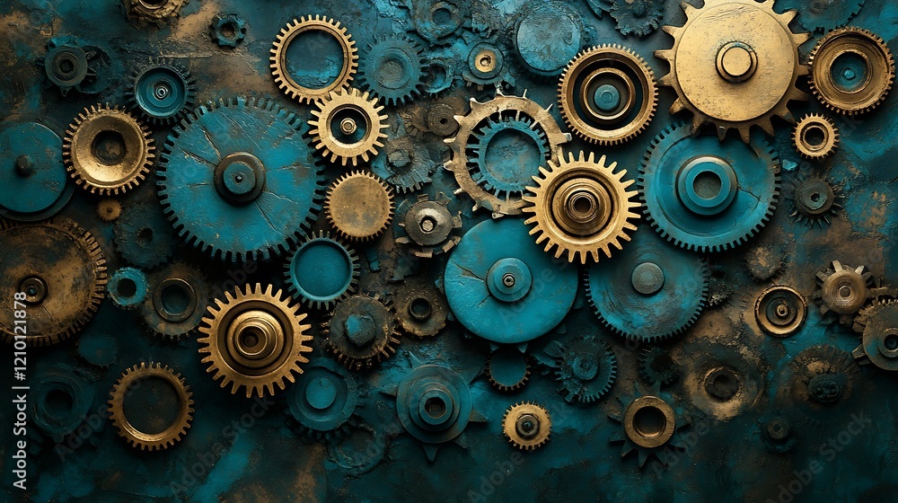 Poster a symphony of gears: interlocking cogs of gold and teal, a mesmerizing pattern of industry and preci