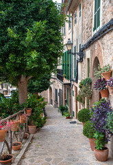 Obraz premium Background photography of old narrow street, door and lantern, stone pavement, aged house; home; window and shutters, village Valldemossa, Mallorca, Spain 