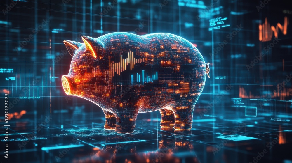 Aufkleber Creative depiction of a futuristic piggy bank illuminated by data visualizations in a technological setting