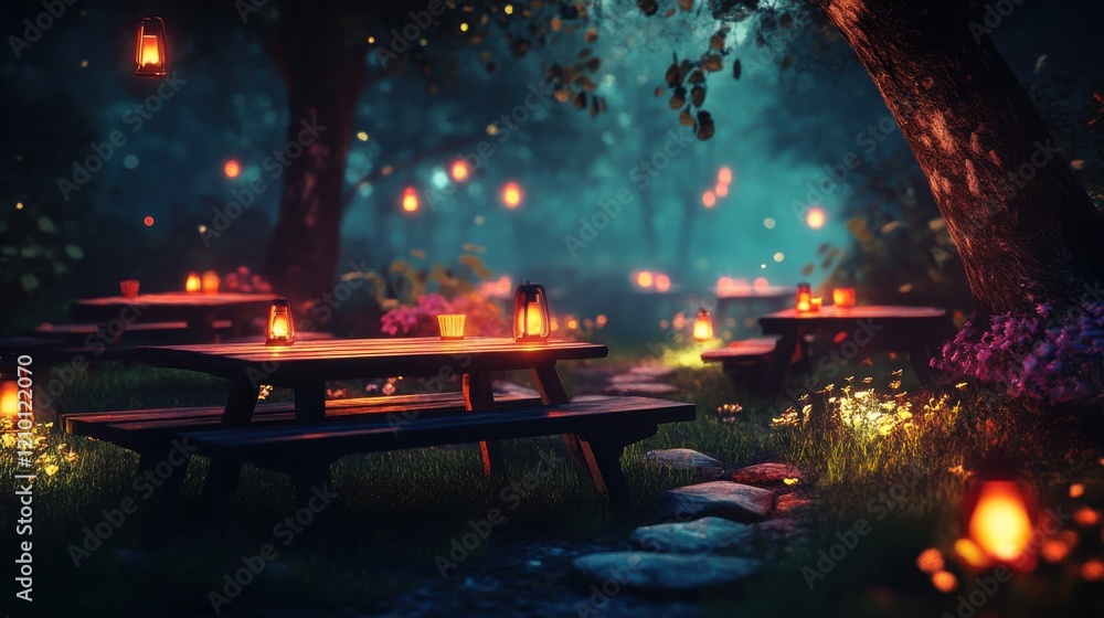 Poster Creative composition of picnic tables illuminated by lanterns in a tranquil garden setting during the evening hours